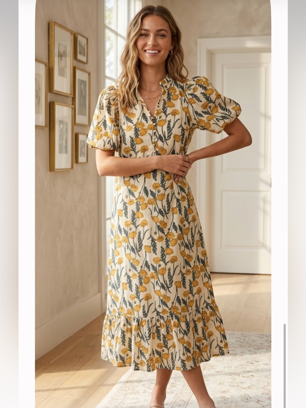 TUCKERNUCK/ Hyacinth House Floral Midi Dress with Mustard Yellow Poppy Print NWT